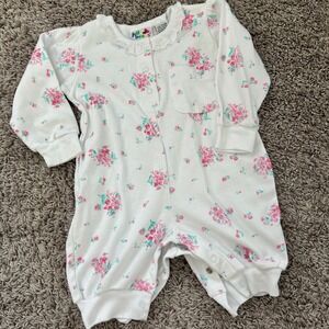 Vintage Jelly Beans Baby Floral Romper Lace Collar White Pink 3/6M Long Sleeve